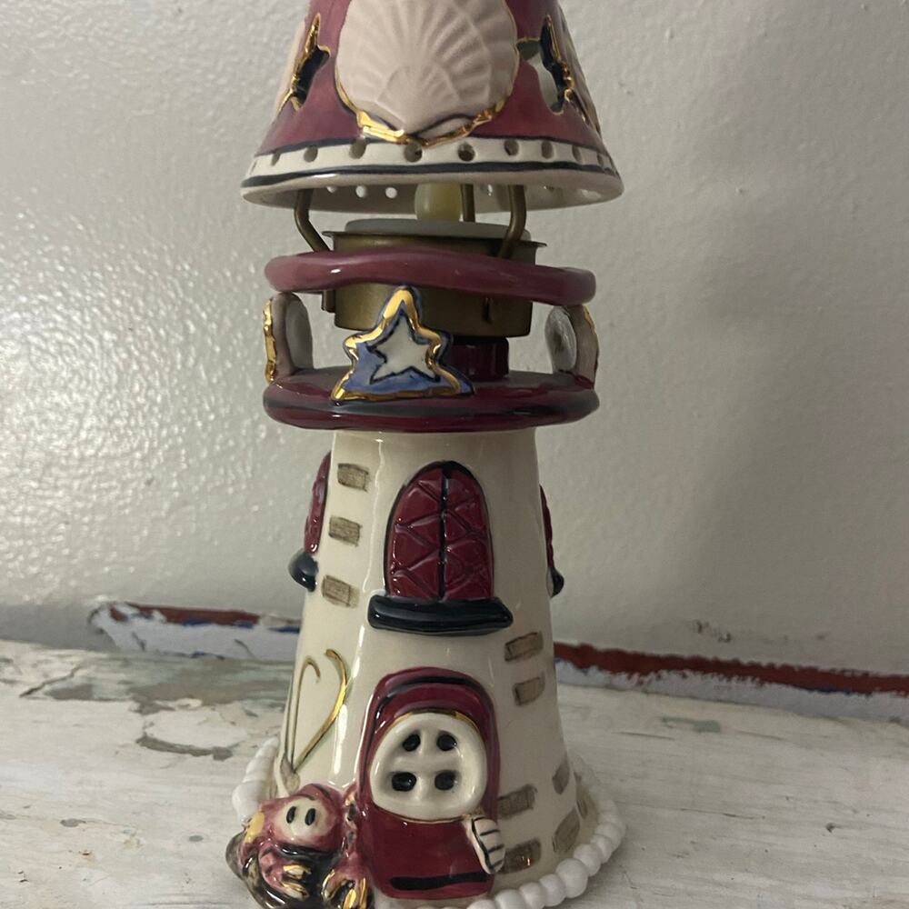 Vintage Heather Goldmine Blue Sky 14" Shell Lighthouse w/Base Red Tan Blue